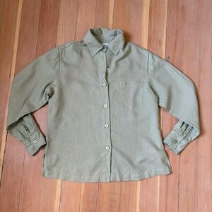 Vintage Sage Green Linen Button Down Shirt with Ladder Lace